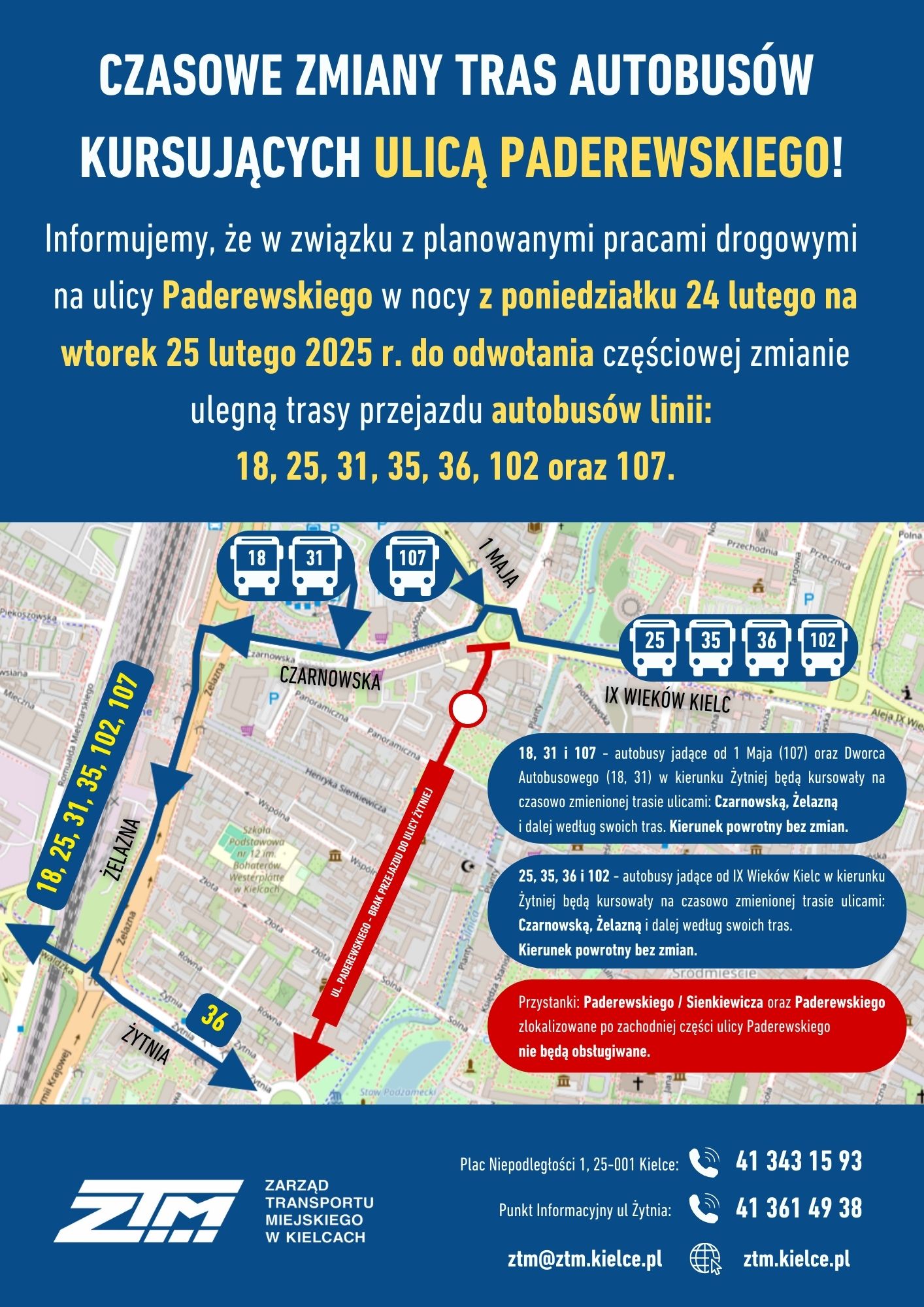 CZASOWE ZMIANY TRAS LINII KURSUJACYCH UL. PADEREWSKIEGO